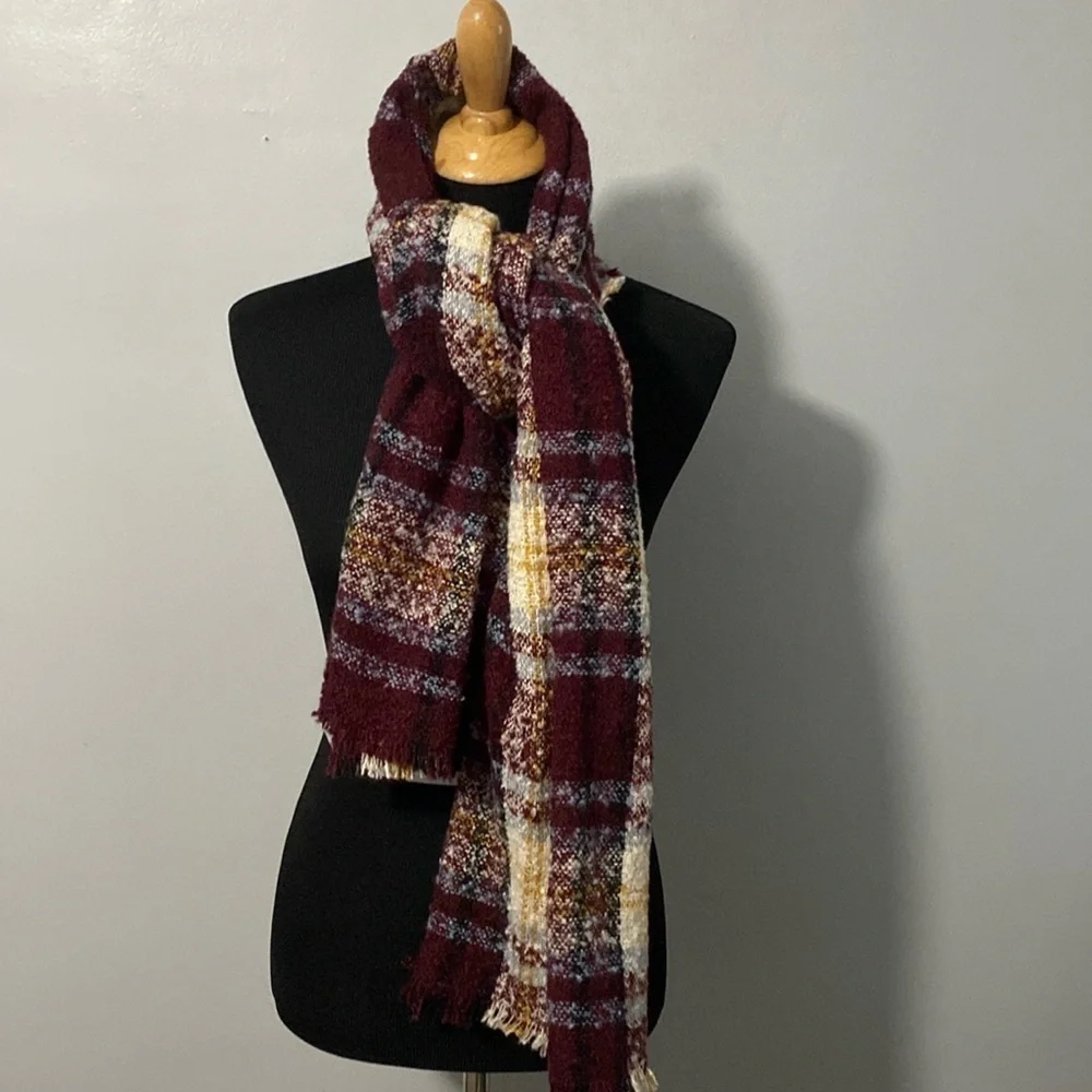 Blanket Scarf Red Wine Cream Denim Blue & Yellow NWT
